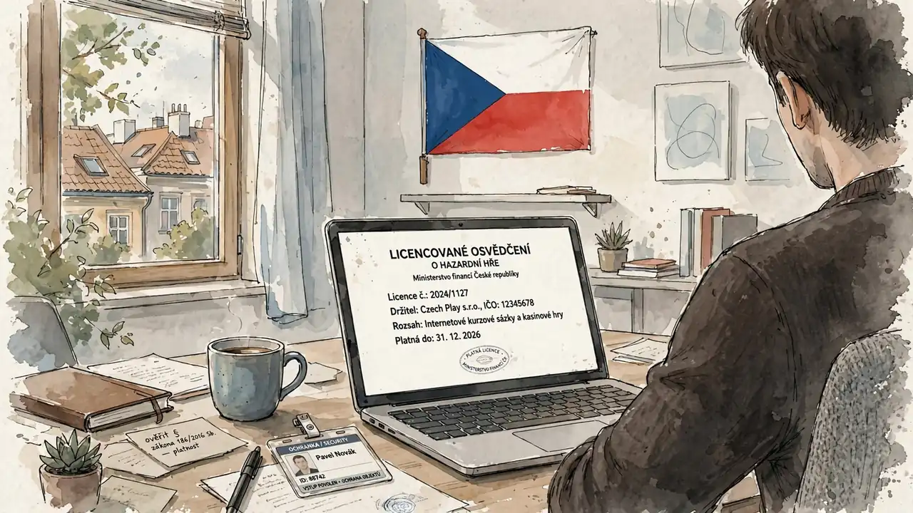Moderní kancelář s českou vlajkou a licencovaným certifikátem