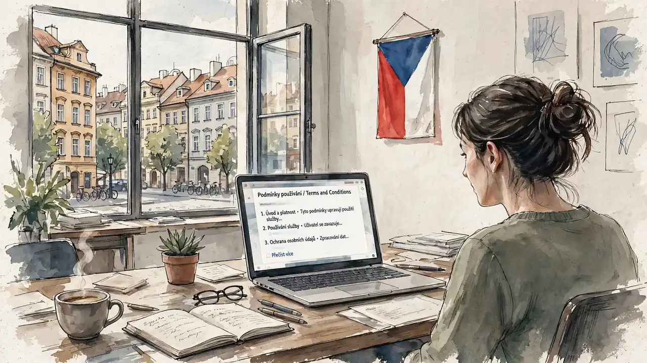 Moderní kancelář v Česku s notebookem a vlajkou, přirozené světlo