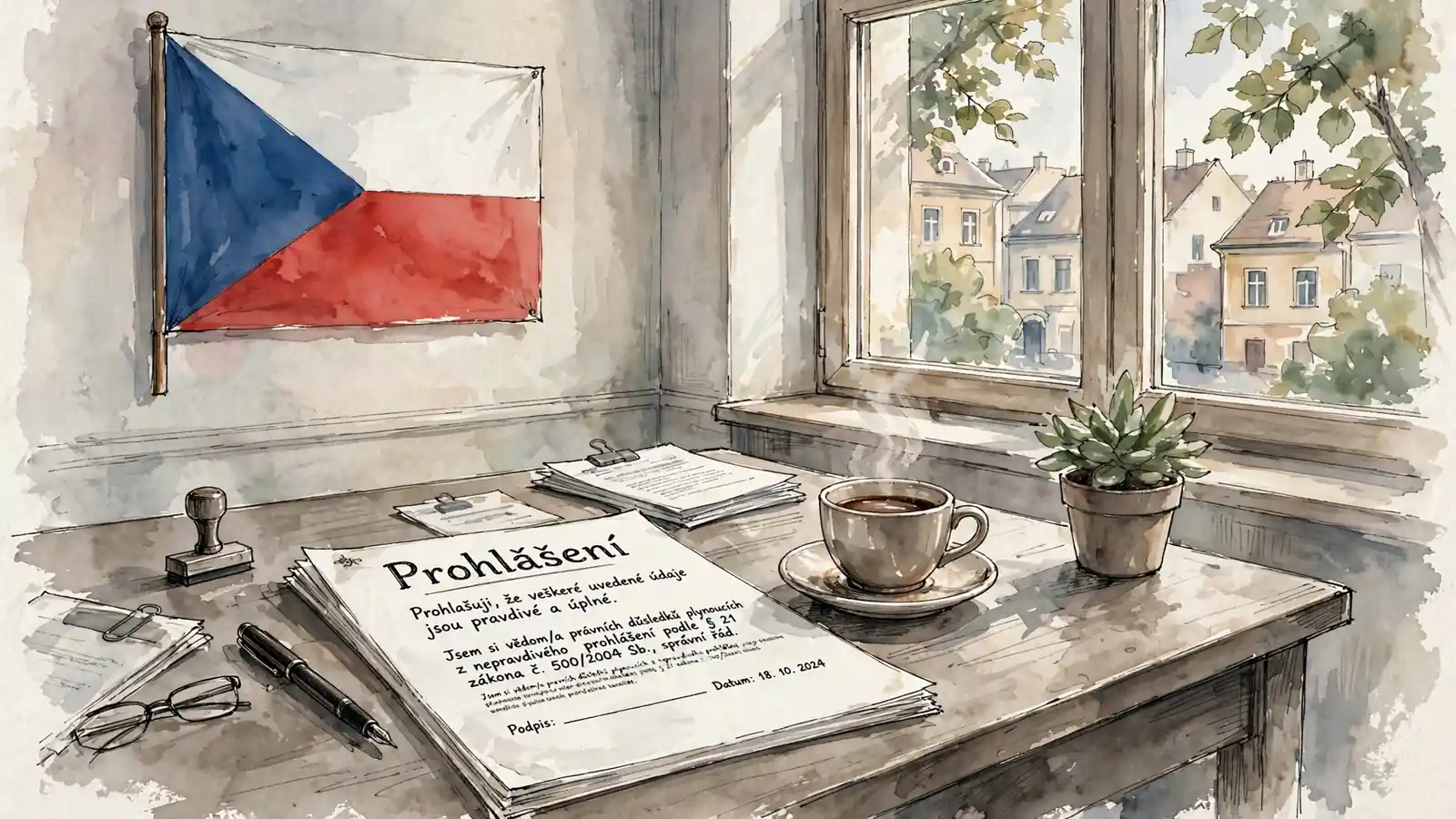 Kancelářský stůl s právním dokumentem a českou vlajkou