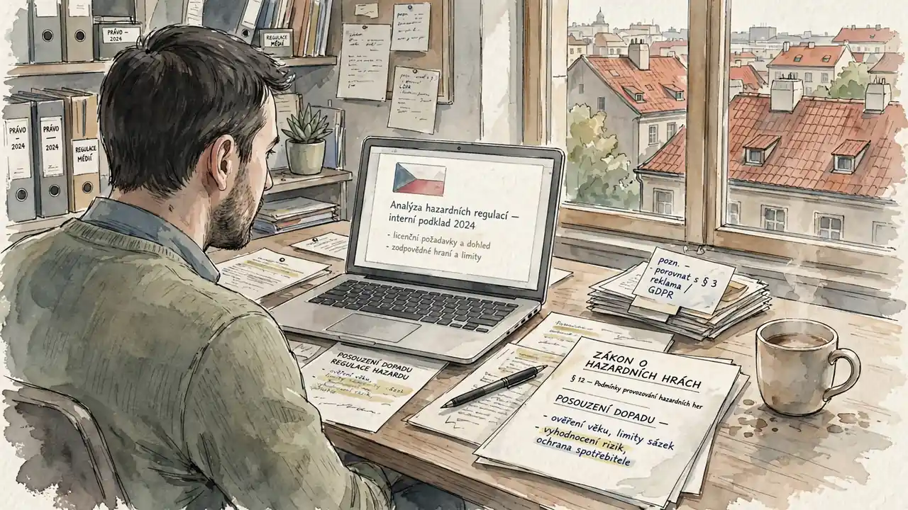 Česká redakční kancelář s dokumenty a pohledem na Prahu
