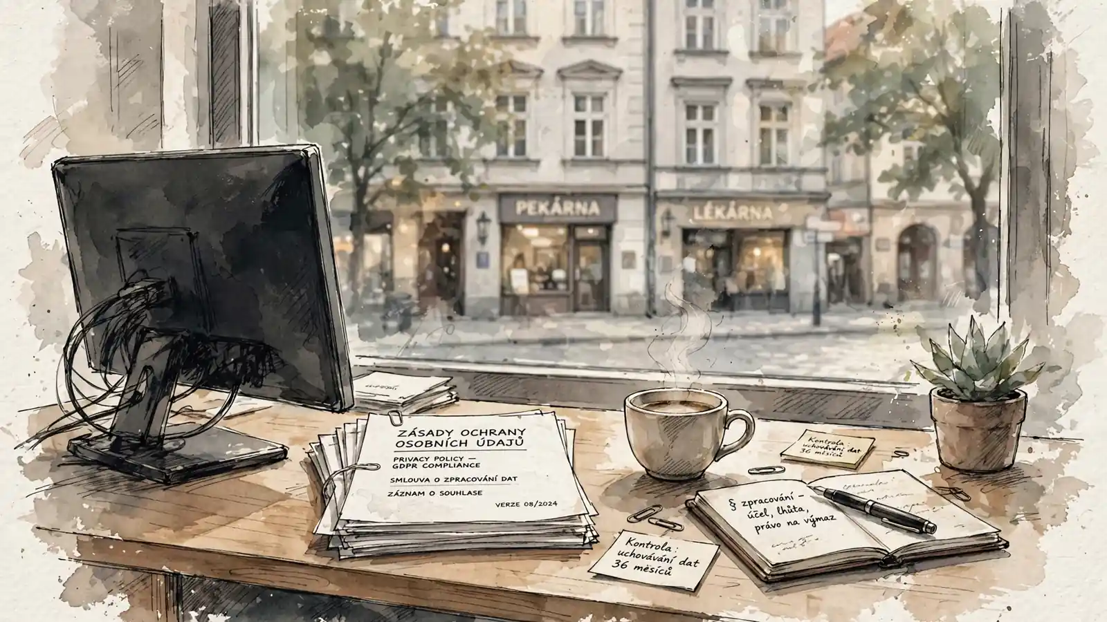 Kancelářský stůl s právními dokumenty a oknem s výhledem na Prahu